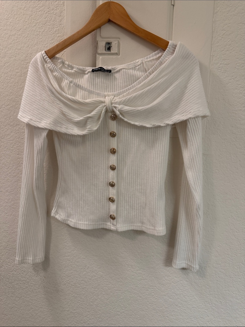 SHEIN White Off-Shoulder Ribbed Button-Front Top